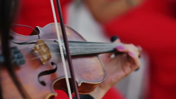 Kvinnor i röd klänning musiker spelar violin extra nära upp skott ultrarapid — Stockvideo