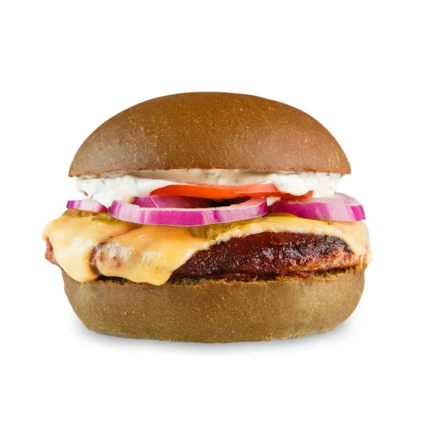 Ízletes sajtburger elszigetelt fehér háttér — Stock Fotó