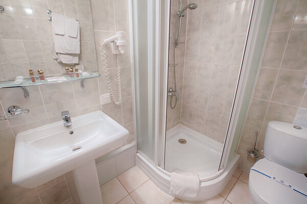 Interior of a modern hotel bathroom.