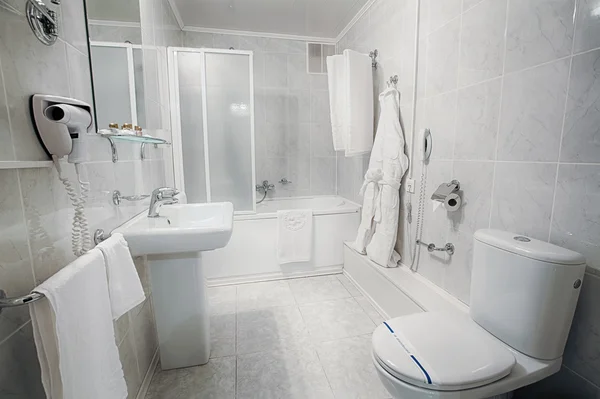 Interior of a modern hotel bathroom.