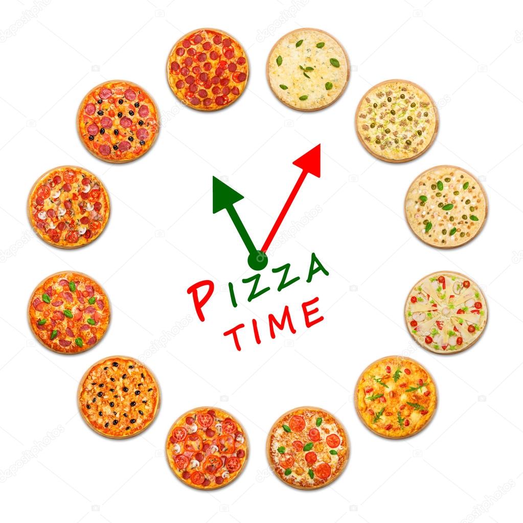 Pizza delivery company logo template with sample text. Clock made by many pizzas. Pizza time concept, example for pizza box. Italian food watch with clock hads in italian colors. Variety of pizza.