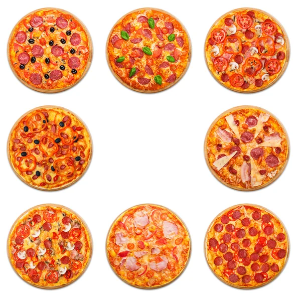 Conjunto de pizza com copyspace isolado a branco — Fotografia de Stock