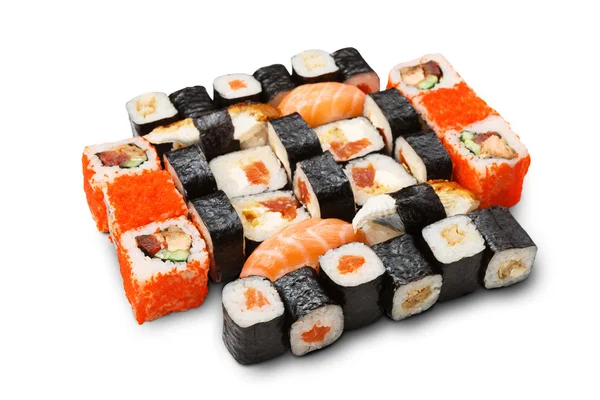 Set aus Sushi, Maki und Rollen isoliert in weiß — Stockfoto