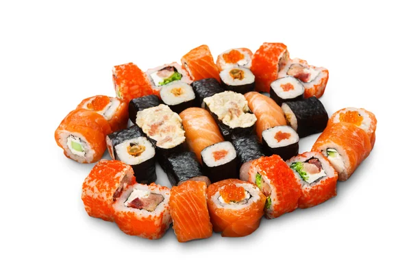 Set aus Sushi, Maki und Rollen isoliert in weiß — Stockfoto