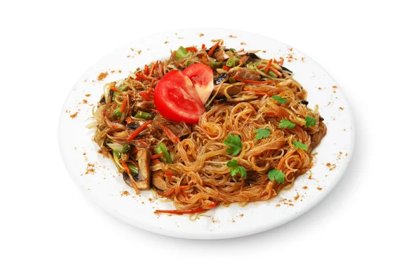 Rice noodles with shrimps and vegetables close-up on the table. top view of a horizontal — Stock Photo, Image