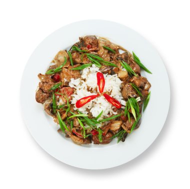 Mantar ve pirinç ile tavuk ciğeri.