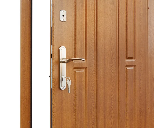 Open bruin houten deur handgreep met vergrendeling. — Stockfoto