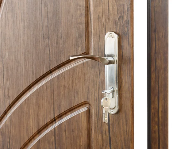 Open brown wooden door handle with lock. — Stock Photo, Image