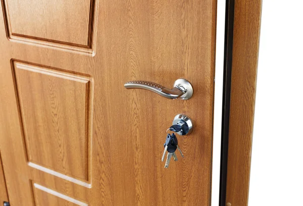 Open brown wooden door handle with lock. — Stock Photo, Image