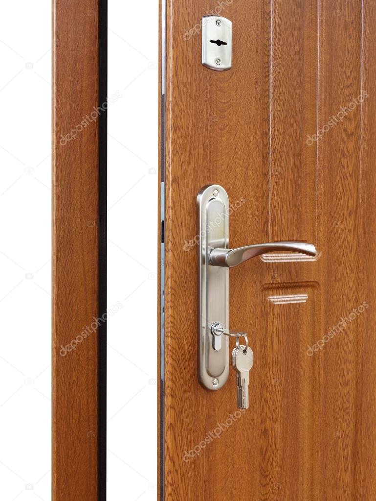 Open Brown Wooden Door Handle With Lock Stock Photo Milkos Open Door Handle Lock With Keys Brown Wooden Closeup Isolated Modern Interior Design New House Concept Real Estate
