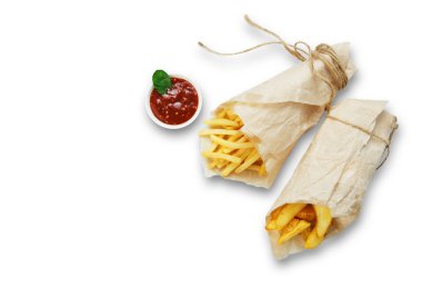Patates, patates dilimleri paket servisi olan restoran wood adlı sarılmış