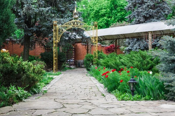 Peyzaj tasarımı, yaprak dökmeyen çalılar ve yol — Stok fotoğraf