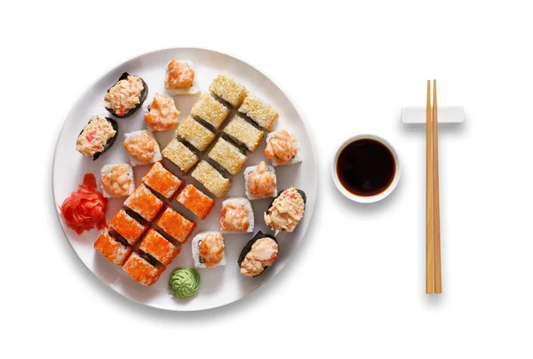 Set van Sushi Maki en rollen geïsoleerd op wit. — Stockfoto