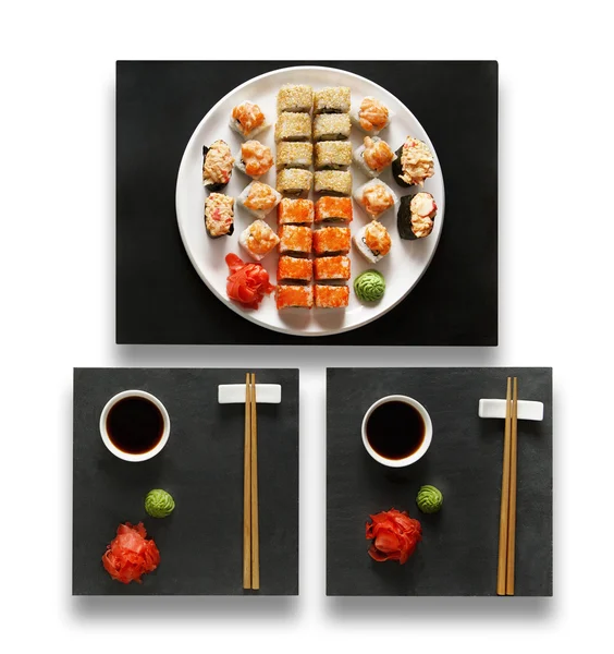 Set van Sushi Maki en rollen geïsoleerd op wit. — Stockfoto