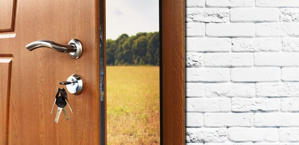 Porta d'ingresso mezzo aperto sullo sfondo della natura — Foto Stock