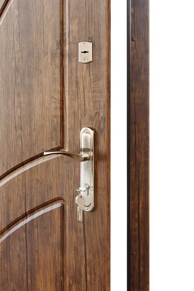 Mango de puerta de madera marrón abierto con cerradura . — Foto de Stock