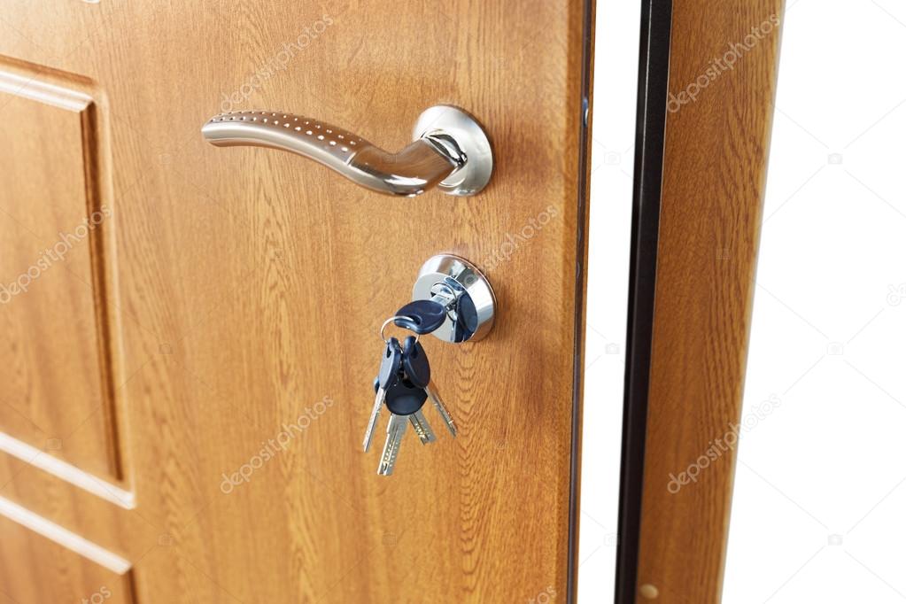 Open Brown Wooden Door Handle With Lock Stock Photo Milkos Open Door Handle Wide Angle Lock With Keys Brown Wooden Closeup Isolated Modern Interior Design New House Concept Real Estate