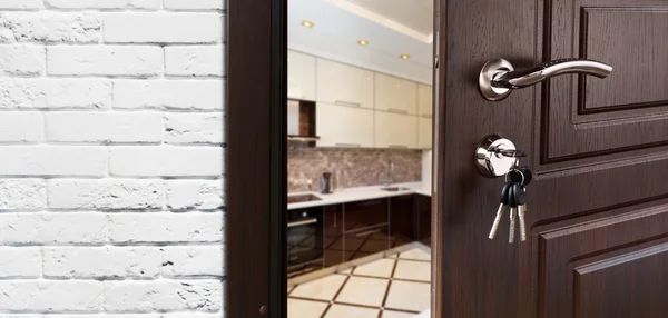 Half open door of a modern kitchen closeup. — Stock Photo, Image