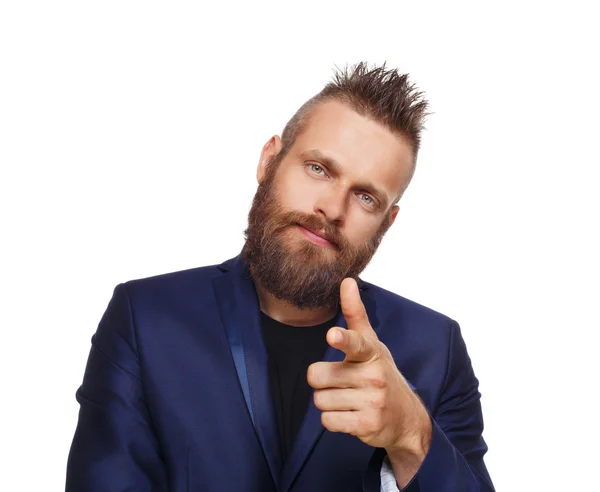 Man pointing at you, bearded guy isolated on white — Stock Photo, Image