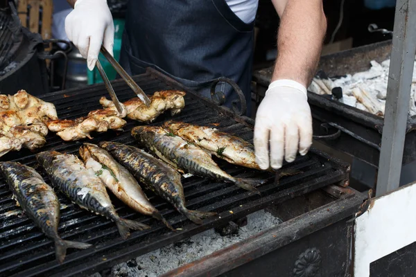 Fiska makrill och kyckling grillad på bbq tabaka — Stockfoto