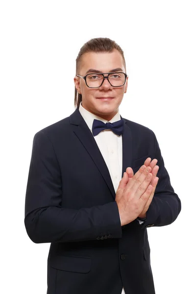 Hombre de pelo largo en gafas retrato aislado en blanco —  Fotos de Stock