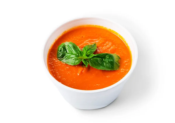 Entrega de alimentos quentes - sopa de gaspacho de tomate isolada — Fotografia de Stock