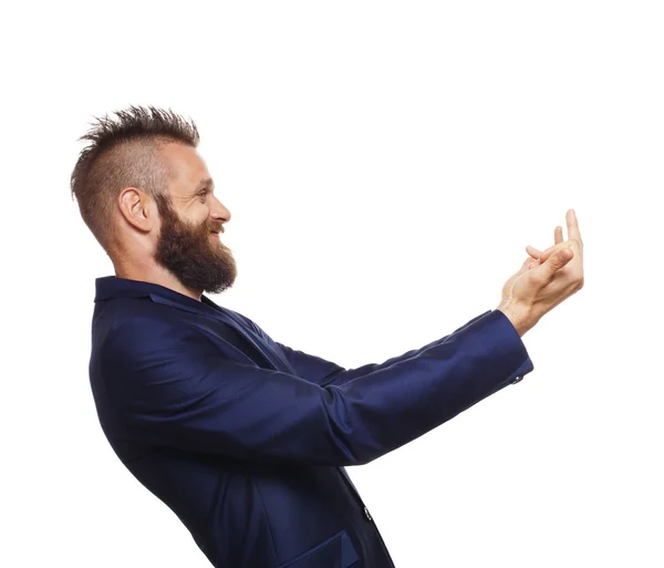 Portrait of young man, laughing, show middle fingers — Stock Photo, Image