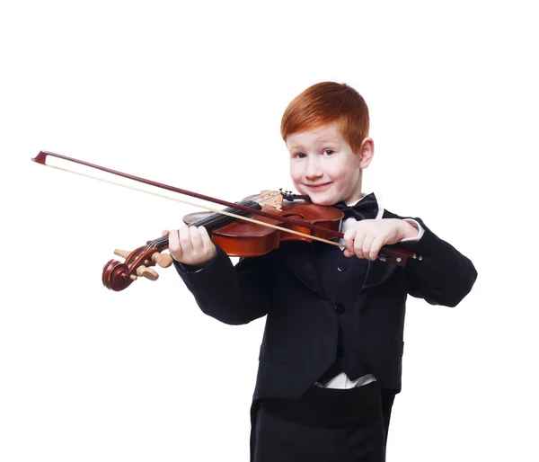 Cute redhead child boy plays violin isolated at white background — Stock Photo, Image