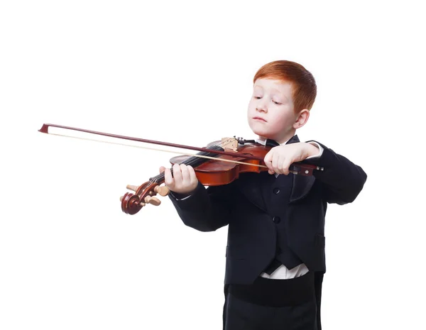Cute redhead child boy plays violin isolated at white background — Stock Photo, Image