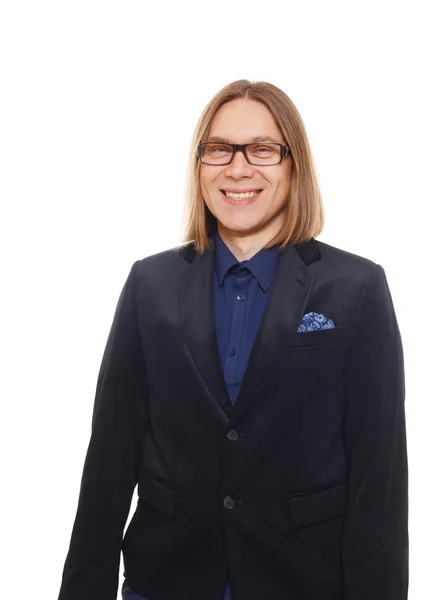 Hombre de pelo largo en gafas retrato aislado en blanco —  Fotos de Stock