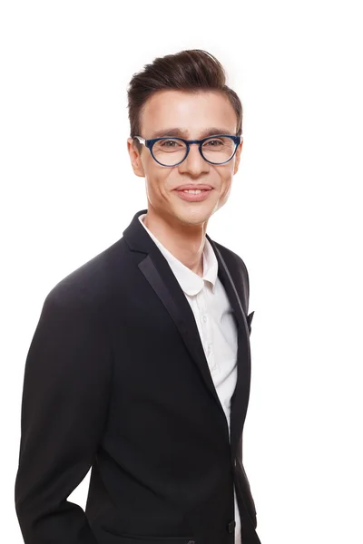 Młody człowiek w okulary portret na białym tle w biały — Zdjęcie stockowe