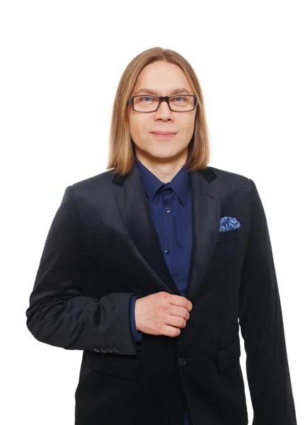Hosszú hajú férfi szemüveg portré elszigetelt fehér — Stock Fotó