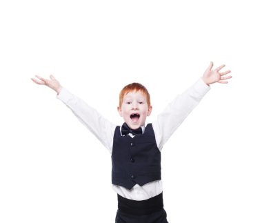 Kızıl saçlı çocuk yeleği papyon, duygusal portre izole ile