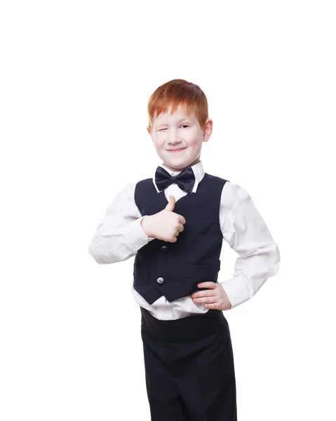 Redhead boy in vest wink and shows thumb up isolated — Stock Photo, Image