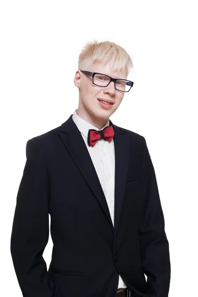 Albino young man portrait in eyeglasses and suit isolated. — Stock Photo, Image