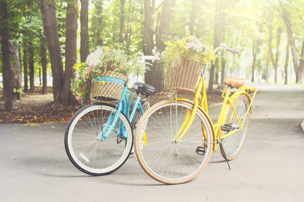 Amarelo e turqoise cidade mulher bicicletas com flores no parque — Fotografia de Stock