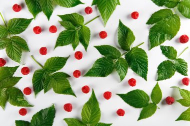 Kırmızı taze Ahududu ve beyaz arka plan yapraklarda