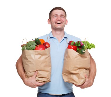 Mutlu bir adam tutmak sağlıklı gıda, izole bakkal alıcı ile çanta