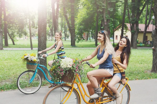 Счастливые шикарные девушки катаются вместе на велосипедах в парке — стоковое фото