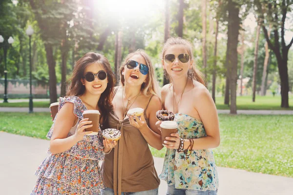 Три красивих молодих бохо шикарних стильних дівчаток, що ходять в парку . — стокове фото
