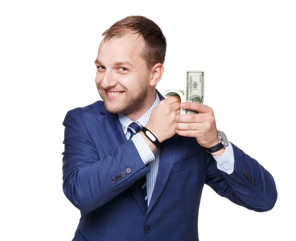 Retrato de un hombre de negocios guapo mostrando dólares aislados —  Fotos de Stock