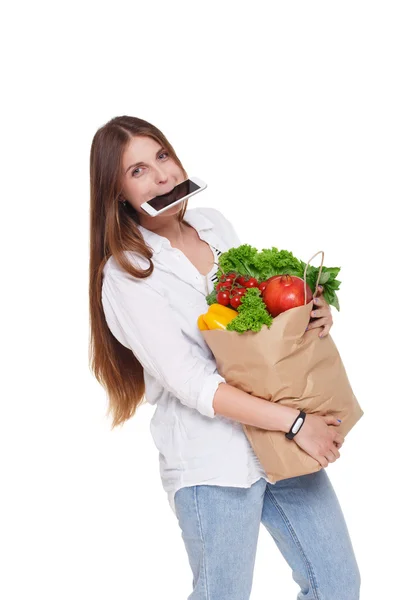 Meşgul kadın sağlıklı gıda ile çanta tutun, bakkal alıcı izole — Stok fotoğraf