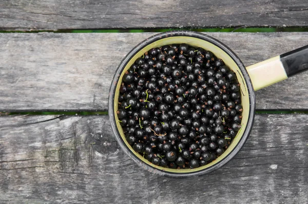 Schwarze Johannisbeeren von oben in Schale auf rustikalem Holzhintergrund — Stockfoto