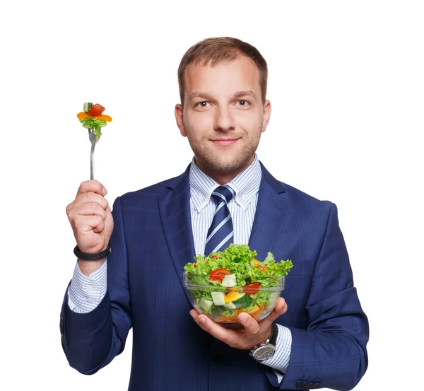 Taze sebze salatası üzerine beyaz izole iş adamı gösterir — Stok fotoğraf