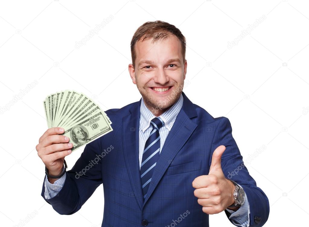 Portrait of handsome businessman showing money dollars fan isolated