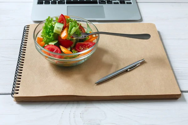 Healthy business lunch snack in office, vegetable salad and coffee