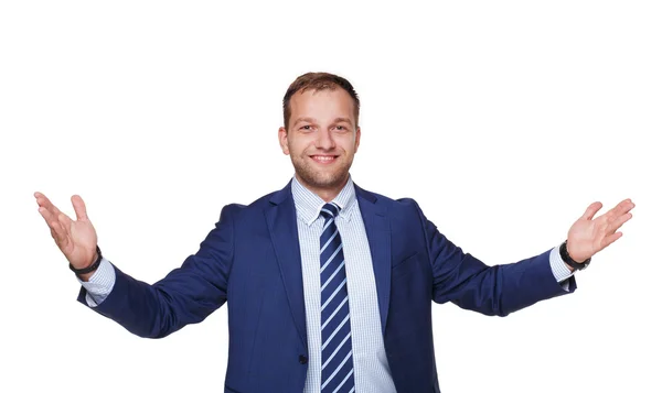 Joven feliz exitoso hombre de negocios aislado en blanco — Foto de Stock