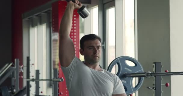 Muskularny mężczyzna ćwiczący z hantlami na siłowni, ćwiczący tricepsy, trening mięśni bicepsów — Wideo stockowe