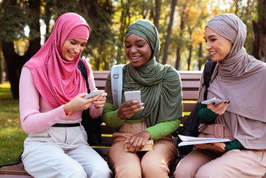 Dışarıda Parkta Oturan Akıllı Telefonları kullanan Müslüman Kız Öğrenciler