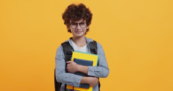 Okul için hazırım. Sırt çantalı ve gülümseyen gözlüklü neşeli okul çocuğunun stüdyo portresi. — Stok video
